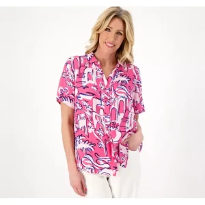 Fashion<Printed Drapey Camp Shirt - a world of fashionable women's clothing, including a wide selection of dresses and trendy accessories.