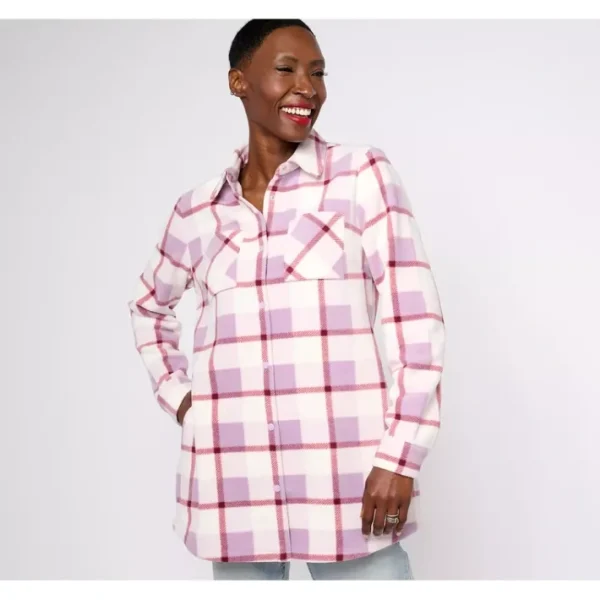 Fashion<Printed Fleece Long Snap Front Shacket - a world of fashionable women's clothing, including a wide selection of dresses and trendy accessories.