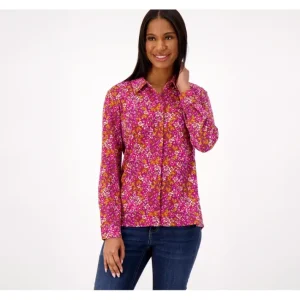 Fashion<Printed Heavenly Jersey Button Front Shirt - a world of fashionable women's clothing, including a wide selection of dresses and trendy accessories.