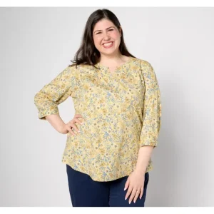 Fashion<Printed Stretch Poplin Top with Mandarin Collar - a world of fashionable women's clothing, including a wide selection of dresses and trendy accessories.