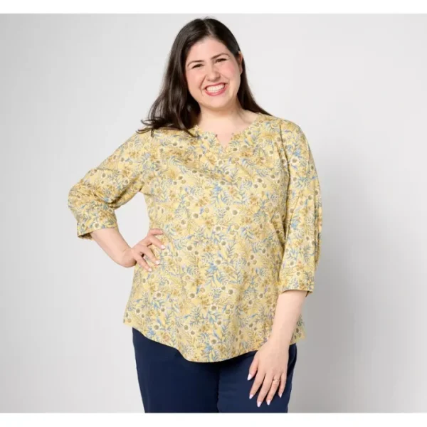 Fashion<Printed Stretch Poplin Top with Mandarin Collar - a world of fashionable women's clothing, including a wide selection of dresses and trendy accessories.