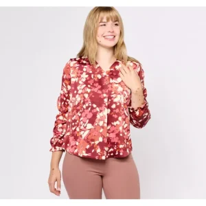 Fashion<Printed V-Neck Blouse with Smocked Cuff - a world of fashionable women's clothing, including a wide selection of dresses and trendy accessories.