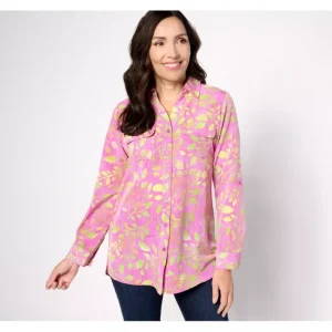Fashion<Printed Woven Button Front Roll Tab Sleeve Tunic - a world of fashionable women's clothing, including a wide selection of dresses and trendy accessories.