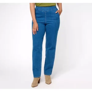 Fashion<Pull On Front V-Yoke Regular Jeans with Pockets - a world of fashionable women's clothing, including a wide selection of dresses and trendy accessories.