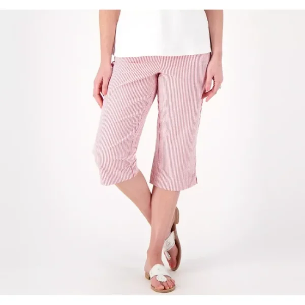 Shop All<Quacker Factory Pull On 19" Stretch Seersucker Capri Pants - a world of fashionable women's clothing, including a wide selection of dresses and trendy accessories.