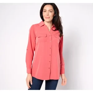 Fashion<Roll Tab Sleeve Button Front Soft Utility Tunic - a world of fashionable women's clothing, including a wide selection of dresses and trendy accessories.
