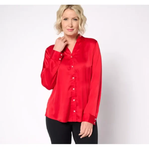 Fashion<Satin Long-Sleeve Button-Front Top - a world of fashionable women's clothing, including a wide selection of dresses and trendy accessories.