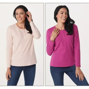 Fashion<Set of 2 Long Sleeve Stretch Henleys - a world of fashionable women's clothing, including a wide selection of dresses and trendy accessories.