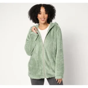 Fashion<Shimmer Sherpa Zip Front Hooded Jacket w/ Pockets - a world of fashionable women's clothing, including a wide selection of dresses and trendy accessories.