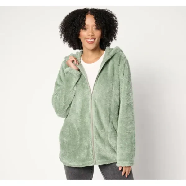 Fashion<Shimmer Sherpa Zip Front Hooded Jacket w/ Pockets - a world of fashionable women's clothing, including a wide selection of dresses and trendy accessories.