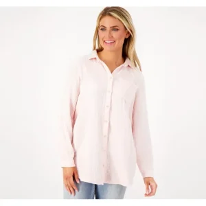 Fashion<Side Stitch Long Sleeve Curved Hem Button Down Top - a world of fashionable women's clothing, including a wide selection of dresses and trendy accessories.
