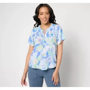Fashion<Side Stitch Ruffle Neck and Sleeve Top - Aqua Bloom - a world of fashionable women's clothing, including a wide selection of dresses and trendy accessories.