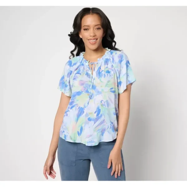 Fashion<Side Stitch Ruffle Neck and Sleeve Top - Aqua Bloom - a world of fashionable women's clothing, including a wide selection of dresses and trendy accessories.
