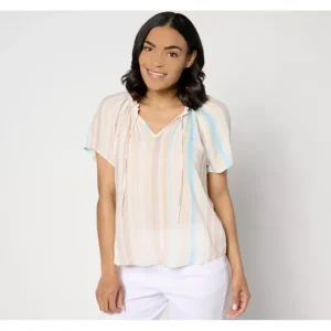 Fashion<Side Stitch Ruffle Neck and Sleeve Top - Desert Stripes - a world of fashionable women's clothing, including a wide selection of dresses and trendy accessories.