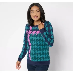 Fashion<Signature Houndstooth Placed Jacquard Sweater - a world of fashionable women's clothing, including a wide selection of dresses and trendy accessories.