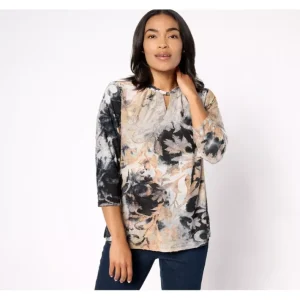 Fashion<Signature Jacquard Knit 3/4 Sleeve Keyhole Top - a world of fashionable women's clothing, including a wide selection of dresses and trendy accessories.