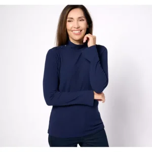 Fashion<Signature Novelty Button Mock Neck Rib Knit Top - a world of fashionable women's clothing, including a wide selection of dresses and trendy accessories.