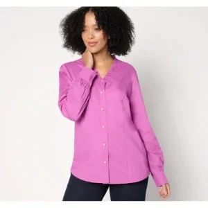 Fashion<Signature Poplin Ruffle V-Neck Shirt with Buttons - a world of fashionable women's clothing, including a wide selection of dresses and trendy accessories.