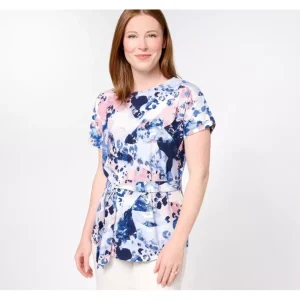 Fashion<Signature Printed Jersey Boat Neck Tie Waist Top - a world of fashionable women's clothing, including a wide selection of dresses and trendy accessories.