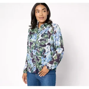 Fashion<Signature Sheer Floral Button Front Shirt - a world of fashionable women's clothing, including a wide selection of dresses and trendy accessories.