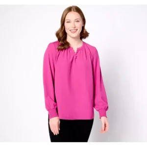 Fashion<Split V Blouse with Smocked Cuff - a world of fashionable women's clothing, including a wide selection of dresses and trendy accessories.