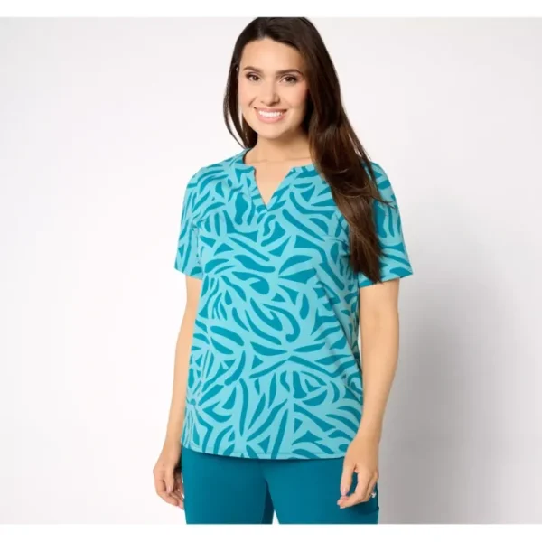 Shop All<Sport Savvy Printed Splitneck Short Sleeve Top - a world of fashionable women's clothing, including a wide selection of dresses and trendy accessories.