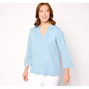 Fashion<Stretch Chambray Blouse - a world of fashionable women's clothing, including a wide selection of dresses and trendy accessories.