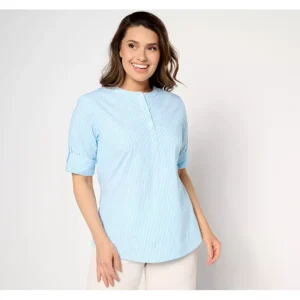 Fashion<Stretch Poplin Pullover Top with Roll Tab Sleeve - a world of fashionable women's clothing, including a wide selection of dresses and trendy accessories.
