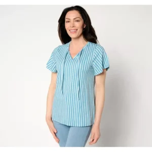 Fashion<Striped Favorite Jersey Flutter Sleeve Split Neck Top - a world of fashionable women's clothing, including a wide selection of dresses and trendy accessories.