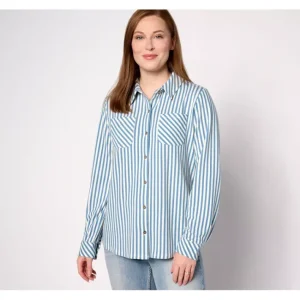 Fashion<Striped Heavenly Jersey Button Front Top - a world of fashionable women's clothing, including a wide selection of dresses and trendy accessories.