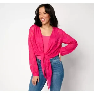 Susan Graver Clip Jacquard Chiffon Long Sleeve Tie Front Shrug - a world of fashionable women's clothing, including a wide selection of dresses and trendy accessories.> Dresses