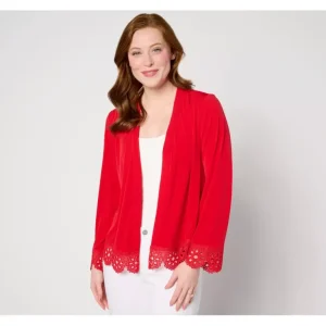 Susan Graver Liquid Knit 3/4 Sleeve Shrug with Scalloped Lace Accents - a world of fashionable women's clothing, including a wide selection of dresses and trendy accessories.> Dresses