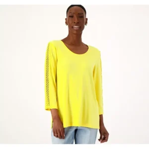 Susan Graver Liquid Knit 3/4-Sleeve Top w/Crochet Sleeve Detail - a world of fashionable women's clothing, including a wide selection of dresses and trendy accessories.> Shoes