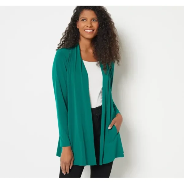 Shop All<Susan Graver Modern Essentials Petite Liquid Knit Cardigan - a world of fashionable women's clothing, including a wide selection of dresses and trendy accessories.