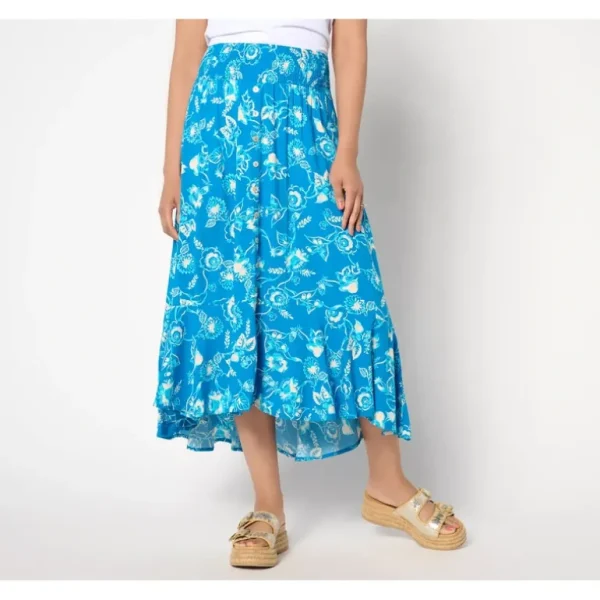 Susan Graver Passport Petite Printed Woven Button-Front Smocked Skirt - a world of fashionable women's clothing, including a wide selection of dresses and trendy accessories.> Dresses