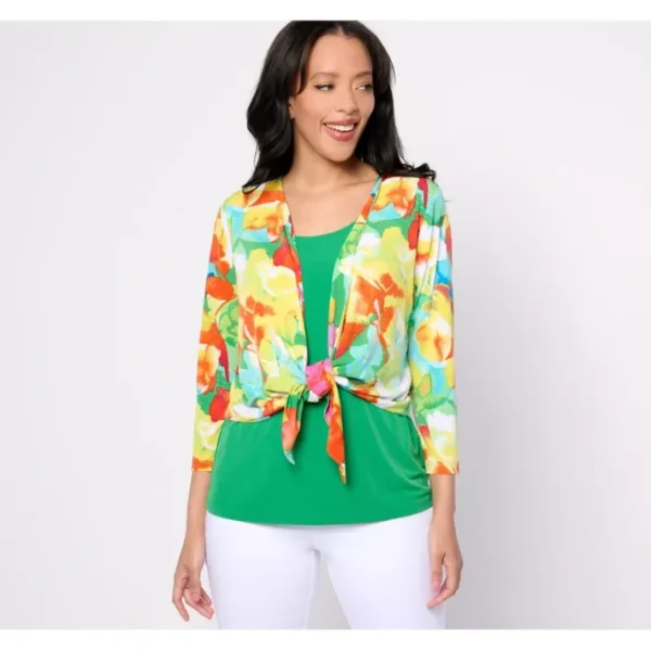 Shop All<Susan Graver Passport Printed Liquid Knit Tie-Front Shrug Tank Set - a world of fashionable women's clothing, including a wide selection of dresses and trendy accessories.