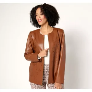 Susan Graver Petite Faux Leather Jacket with Laser Cut Detail - a world of fashionable women's clothing, including a wide selection of dresses and trendy accessories.> Coats