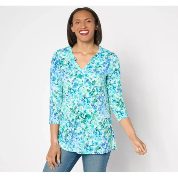 Shop All<Susan Graver Petite Liquid Knit 3/4 Sleeve Split Neck Tunic - a world of fashionable women's clothing, including a wide selection of dresses and trendy accessories.