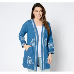 Susan Graver Petite Open Front Chambray Jacket with Lace Applique - a world of fashionable women's clothing, including a wide selection of dresses and trendy accessories.> Dresses