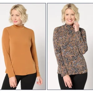 Fashion<Susan Graver Print and Solid Liquid Knit Set of 2 Mock-Neck Tops - a world of fashionable women's clothing, including a wide selection of dresses and trendy accessories.