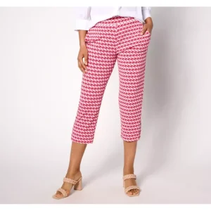 Susan Graver Printed Liquid Knit AVA Slim Leg Crop Pants w/ Button - a world of fashionable women's clothing, including a wide selection of dresses and trendy accessories.> Dresses
