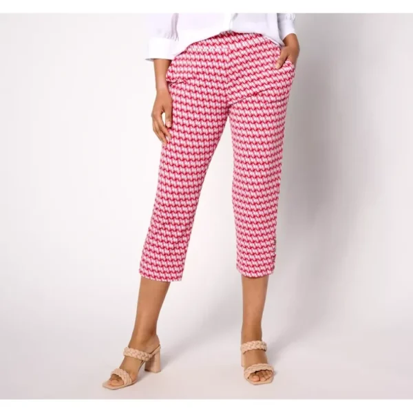 Susan Graver Printed Liquid Knit AVA Slim Leg Crop Pants w/ Button - a world of fashionable women's clothing, including a wide selection of dresses and trendy accessories.> Dresses