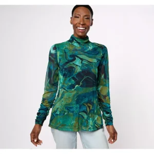 Fashion<Susan Graver Printed Mesh Long-Sleeve Ruched Mock Neck Top - a world of fashionable women's clothing, including a wide selection of dresses and trendy accessories.