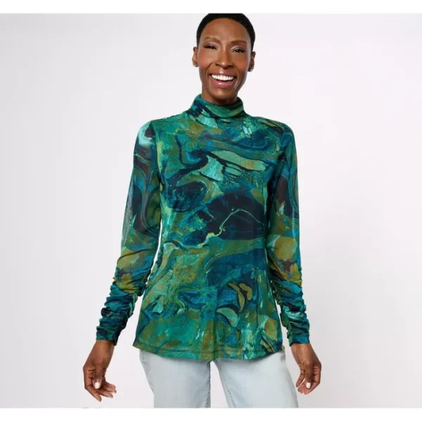 Fashion<Susan Graver Printed Mesh Long-Sleeve Ruched Mock Neck Top - a world of fashionable women's clothing, including a wide selection of dresses and trendy accessories.