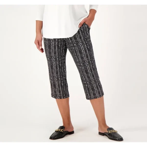 Susan Graver Printed Petite Liquid Knit Slim Pull On Capri Pants - a world of fashionable women's clothing, including a wide selection of dresses and trendy accessories.> Hat