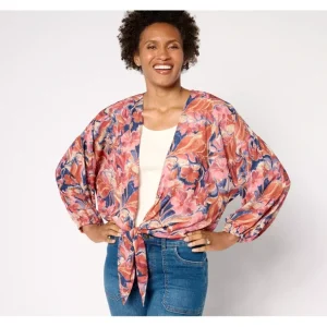 Susan Graver Printed Woven Tie Front Cardigan with Lurex - a world of fashionable women's clothing, including a wide selection of dresses and trendy accessories.> Hat