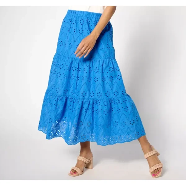 Susan Graver PURE Cotton Eyelet Tiered Midi Skirt - a world of fashionable women's clothing, including a wide selection of dresses and trendy accessories.> Hat