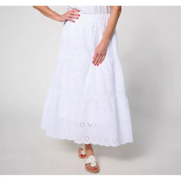 Susan Graver PURE Petite Eyelet Tiered Midi Skirt - a world of fashionable women's clothing, including a wide selection of dresses and trendy accessories.> Hat