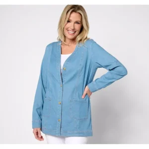 Susan Graver Regular Chambray Button Front Topper - a world of fashionable women's clothing, including a wide selection of dresses and trendy accessories.> Hat