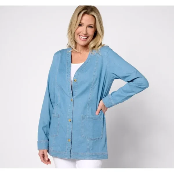 Susan Graver Regular Chambray Button Front Topper - a world of fashionable women's clothing, including a wide selection of dresses and trendy accessories.> Hat